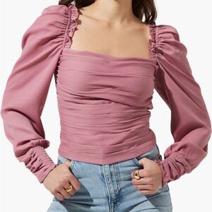 Astr Cream Ruched Blouse with Puffed Sleeves